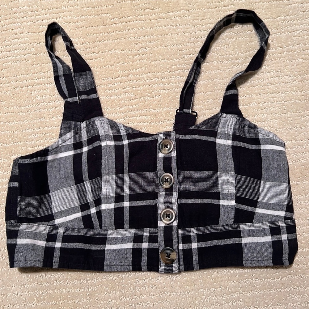 Black, white & grey plaid crop top with buttons and adjustable straps